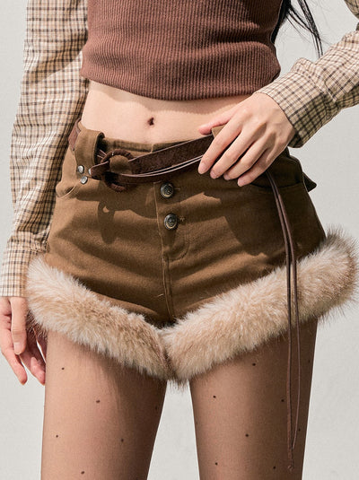 Brown Plush Warm Belt Shorts DIA0769