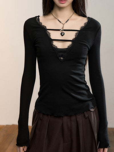 Reversible Lace-Trimmed Long-Sleeve T-Shirt VIA0360