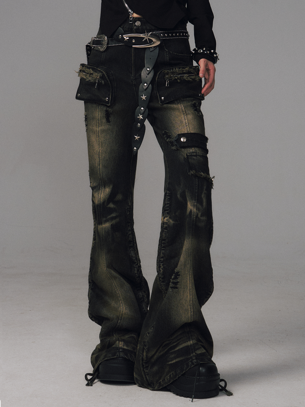 Punk Retro Pockets Slim Fit Flared Jeans FRU0131