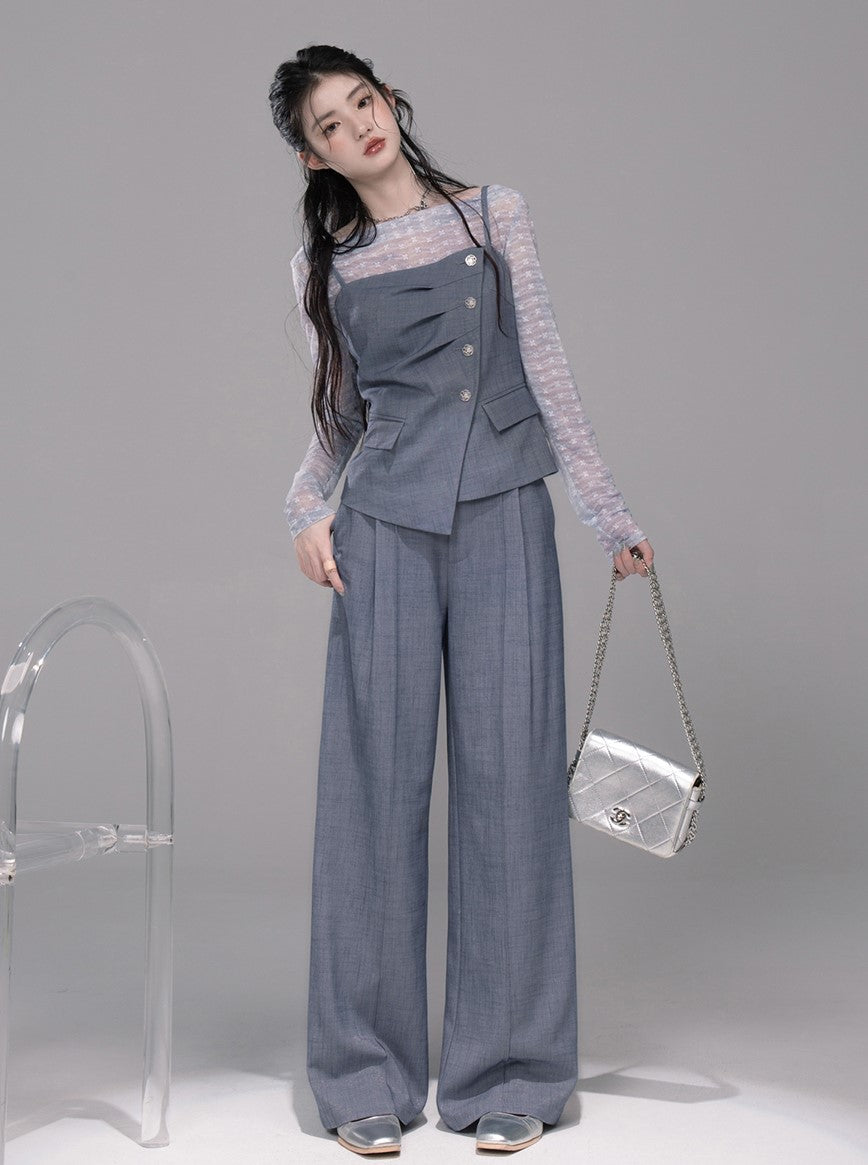 Starry Gray-Blue Camisole+Pants+Tulle Top COT0339