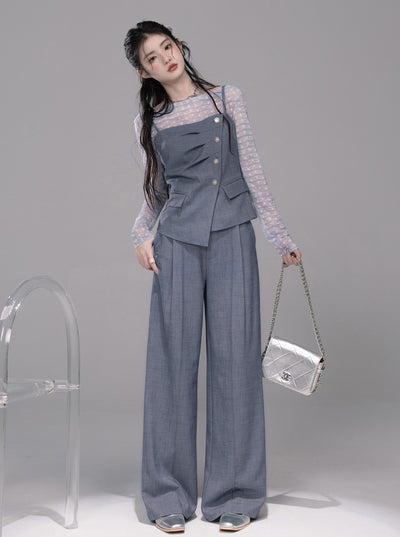 Starry Gray-Blue Camisole+Pants+Tulle Top COT0339