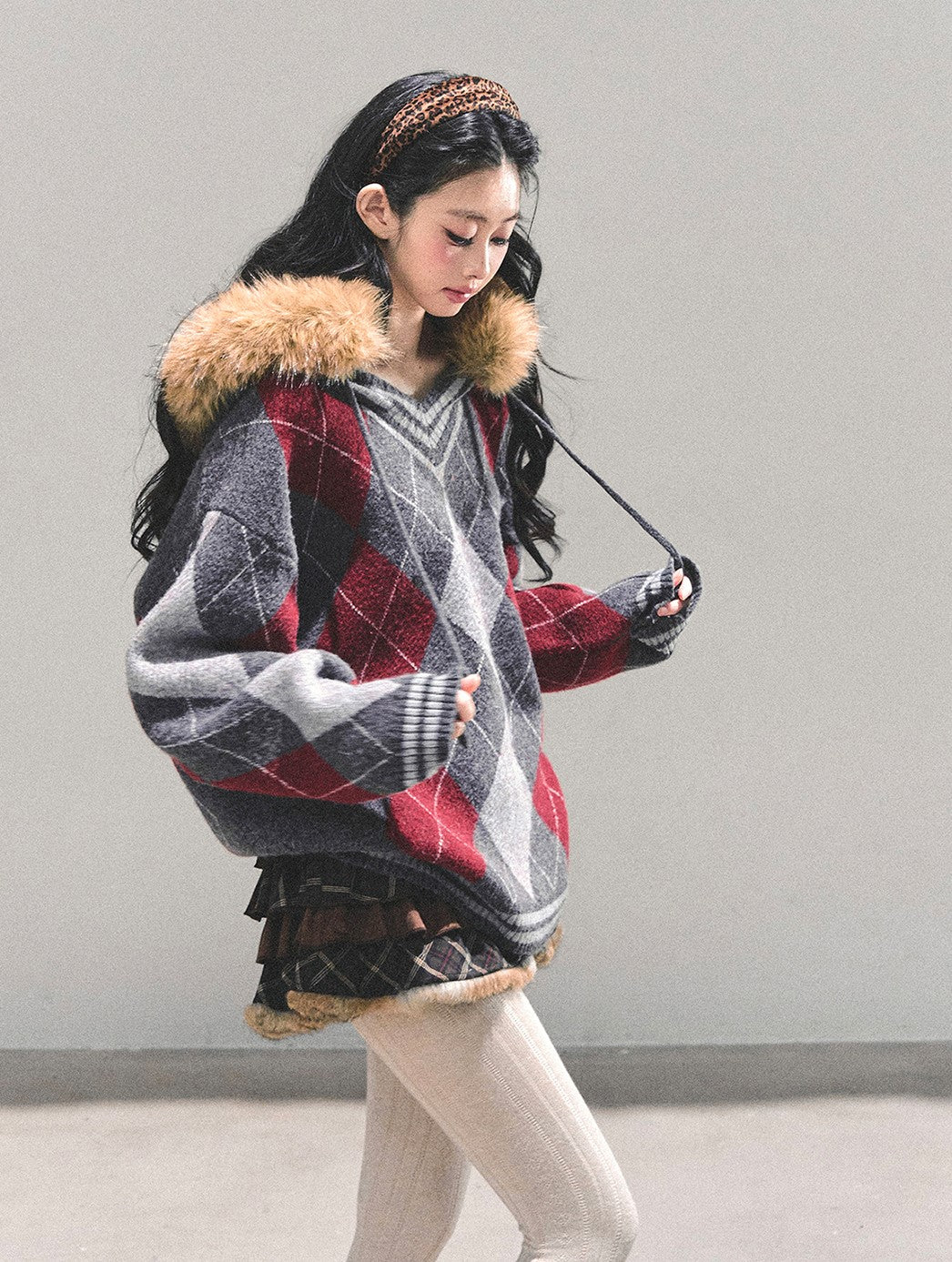 American Preppy Style Fur-Collar Argyle Sweater DIA0696