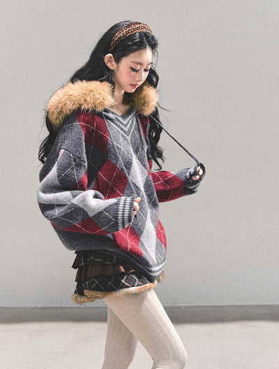 American Preppy Style Fur-Collar Argyle Sweater DIA0696