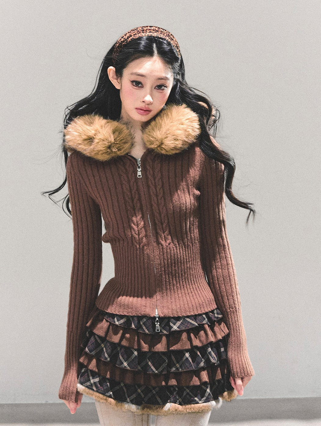 Fur Hooded Knitted Cardigan DIA0686