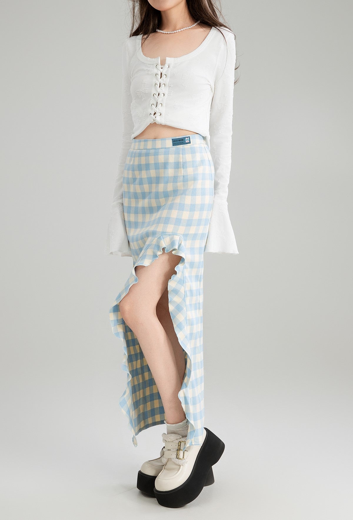 Blue And White Plaid French Short Jacket/Slit Skirt KEI0169