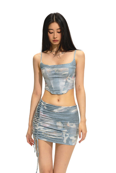 Blue Sky And White Clouds Full Print Sling Short Camisole/Pleated Skirt NOT0195