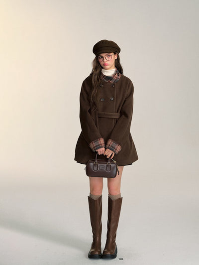 Retro Double-breasted Mid-length Coffee-colored Woolen Coat QDQ0085