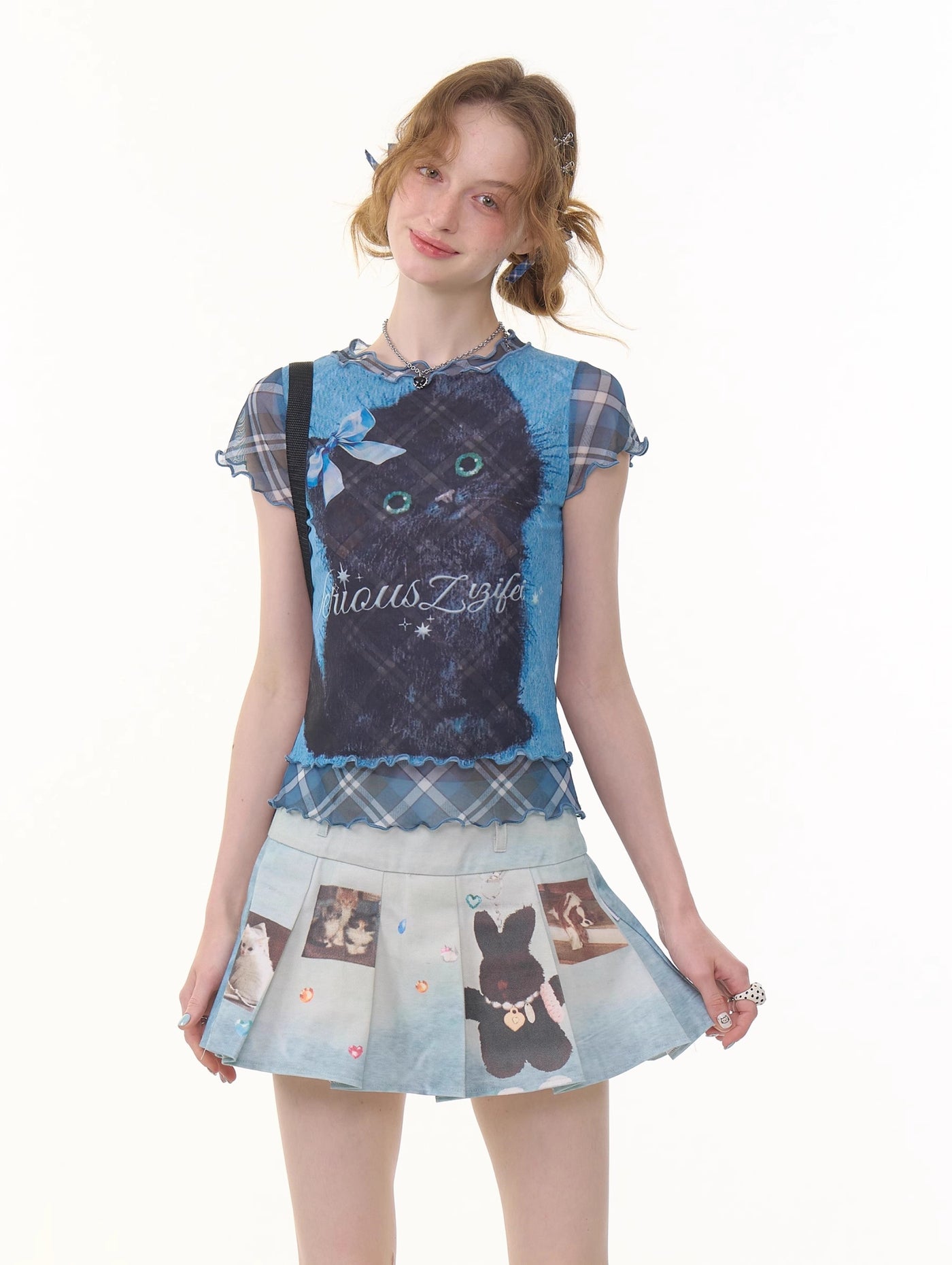 Plaid Fake Two-piece Cat Print T-shirt ZIZ0278