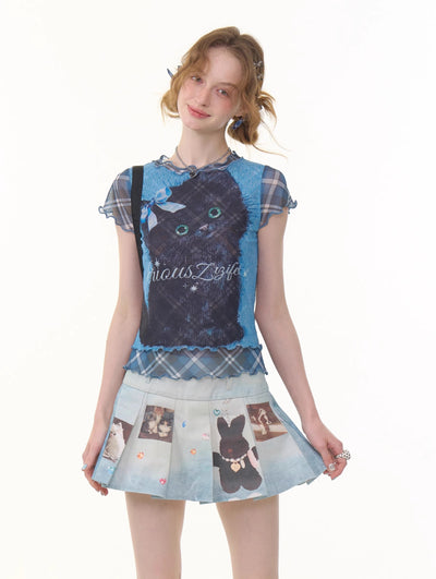 Plaid Fake Two-piece Cat Print T-shirt ZIZ0278