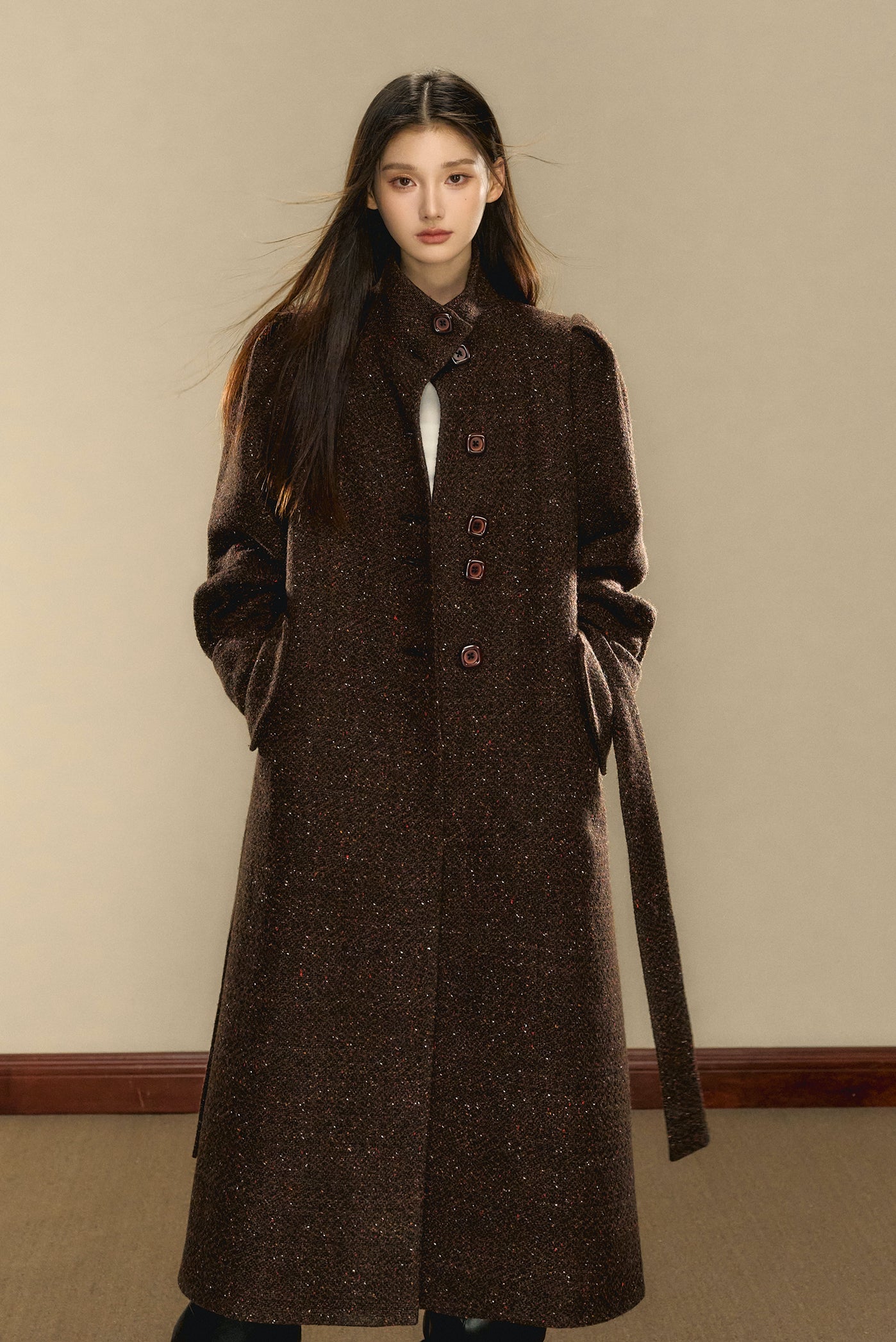 Chocolate Brown Tweed Long Over-the-Knee Wool Coat OSH0103