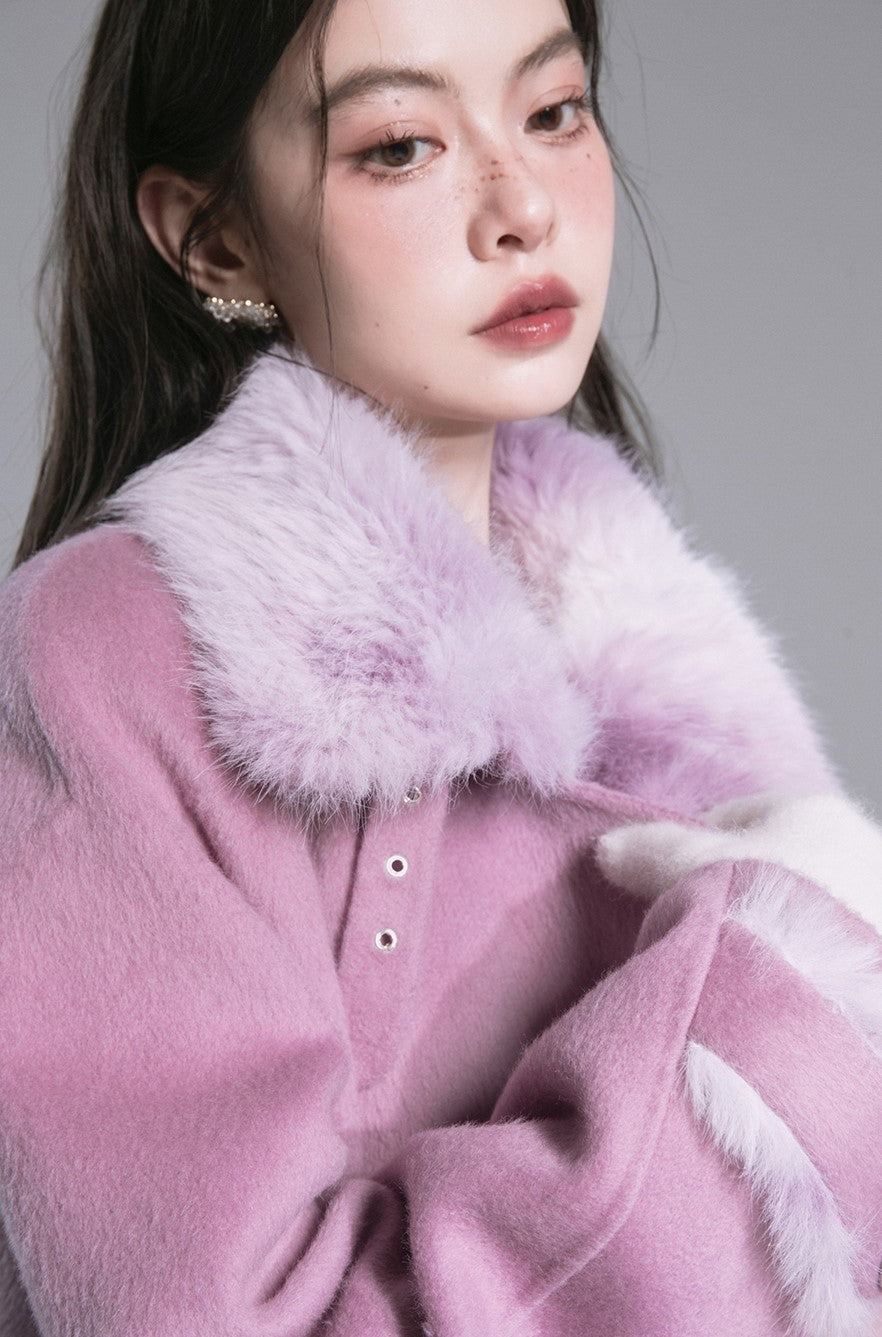 Midnight Plum Purple Furry Stand Collar Silk Double-faced Tweed Coat COT0182