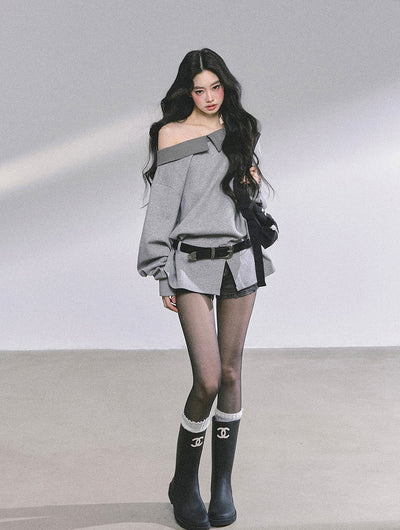 Oblique Shoulder Plaid Sweatshirt DIA0585