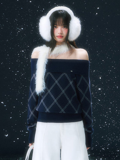 Off-Shoulder Diamond Pattern Sweater WEE0107