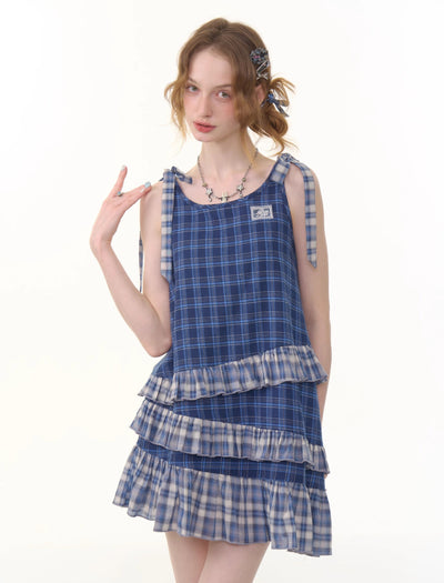 Retro Irregular Hem Blue Plaid Suspender Dress ZIZ0289