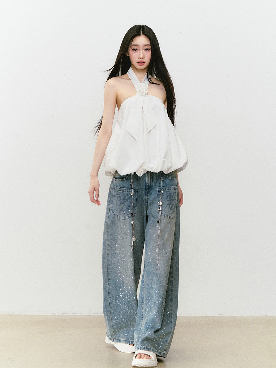 Rose Tie Fluffy Halter Neck Top VIA0301