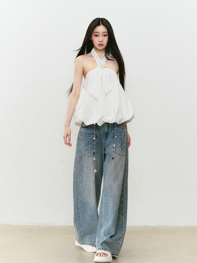 Rose Tie Fluffy Halter Neck Top VIA0301