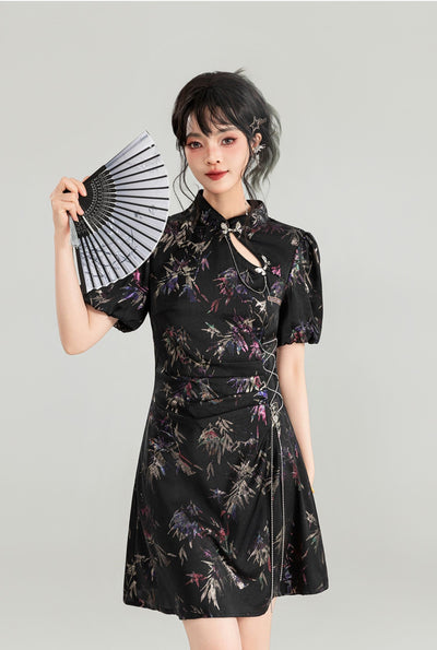 Chinese style Printed Slim Floral Short Dress KEI0142