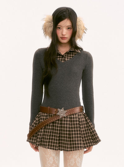 Preppy Style Knitted Plaid Patchwork Dress WEE0124