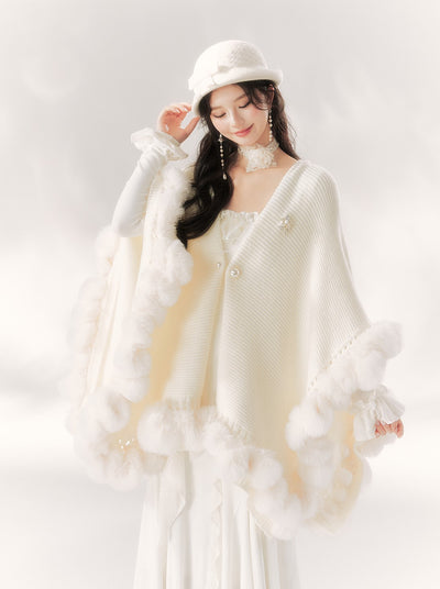 White Nine-tailed Fur Ball Knitted Cape BBB0092