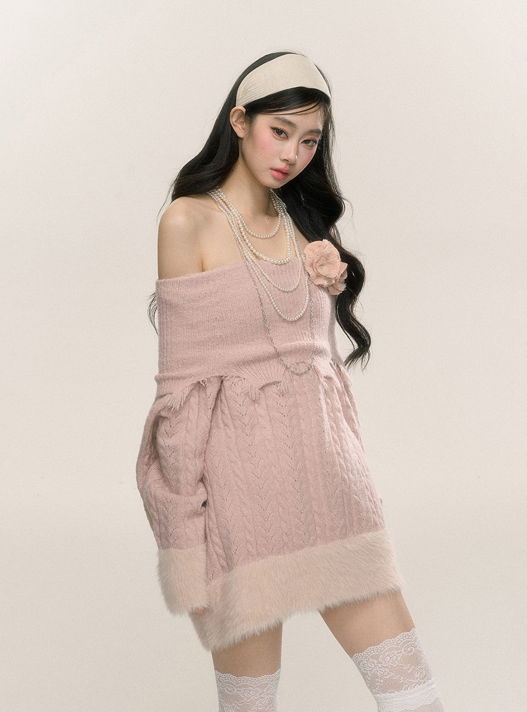 Misty Powder Style One Shoulder Knitted Short Dress DIA0239