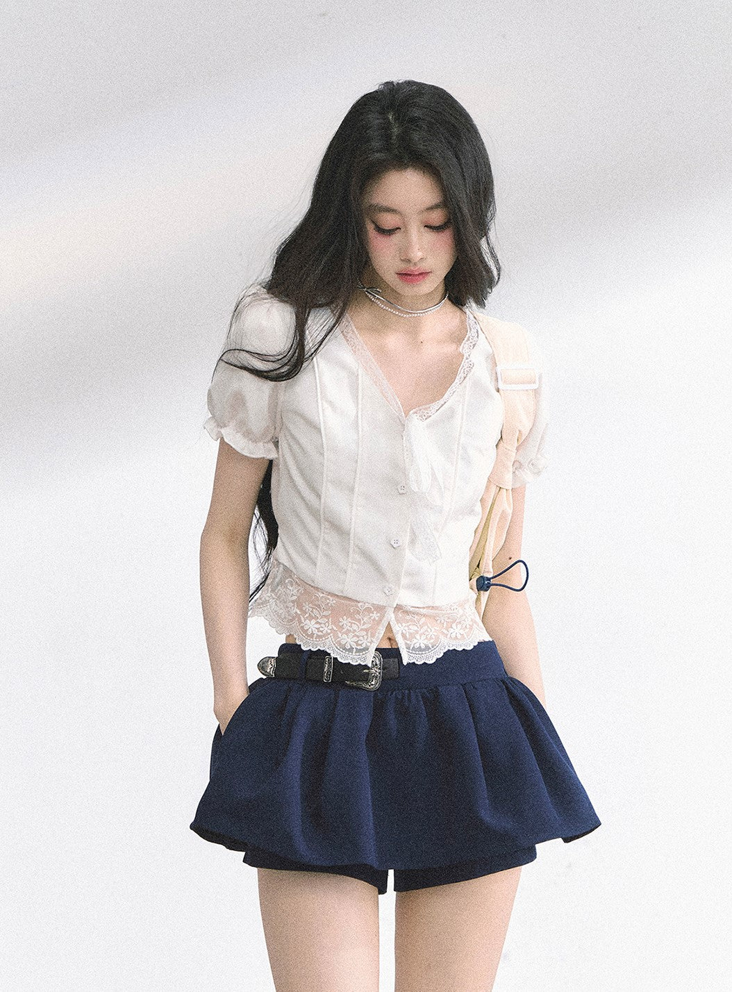 Lace V-neck Puff Sleeve Shirt DIA0521