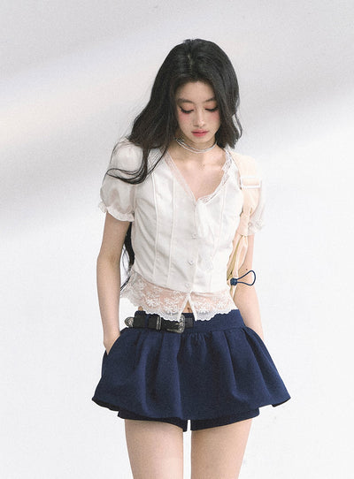Lace V-neck Puff Sleeve Shirt DIA0521