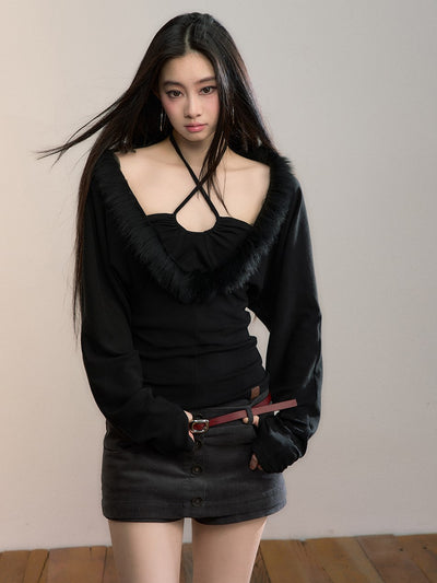 Faux Two-piece Fur Collar T-shirt VIA0359