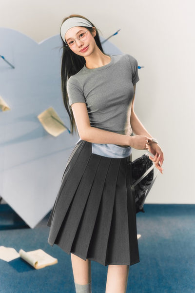 Contrasting Color Stitching Knee-length A-line Pleated Skirt LAL0003