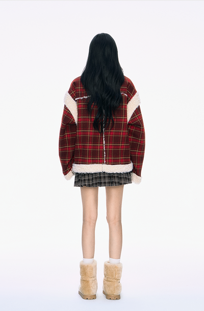 Red Plaid Woolen Fur Coat PUN0040