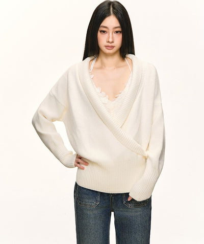 White V-neck Sweater/Lace Camisole ANA0091