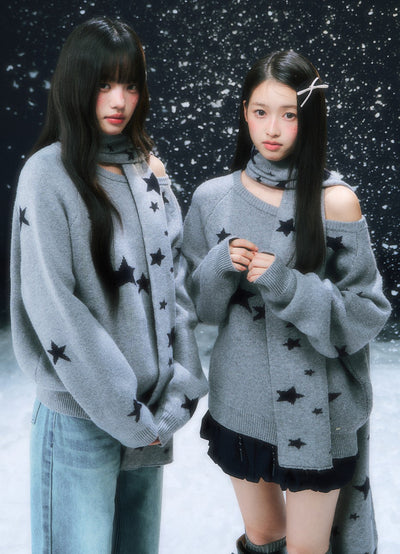 Star Jacquard Off-Shoulder Sweater WEE0105