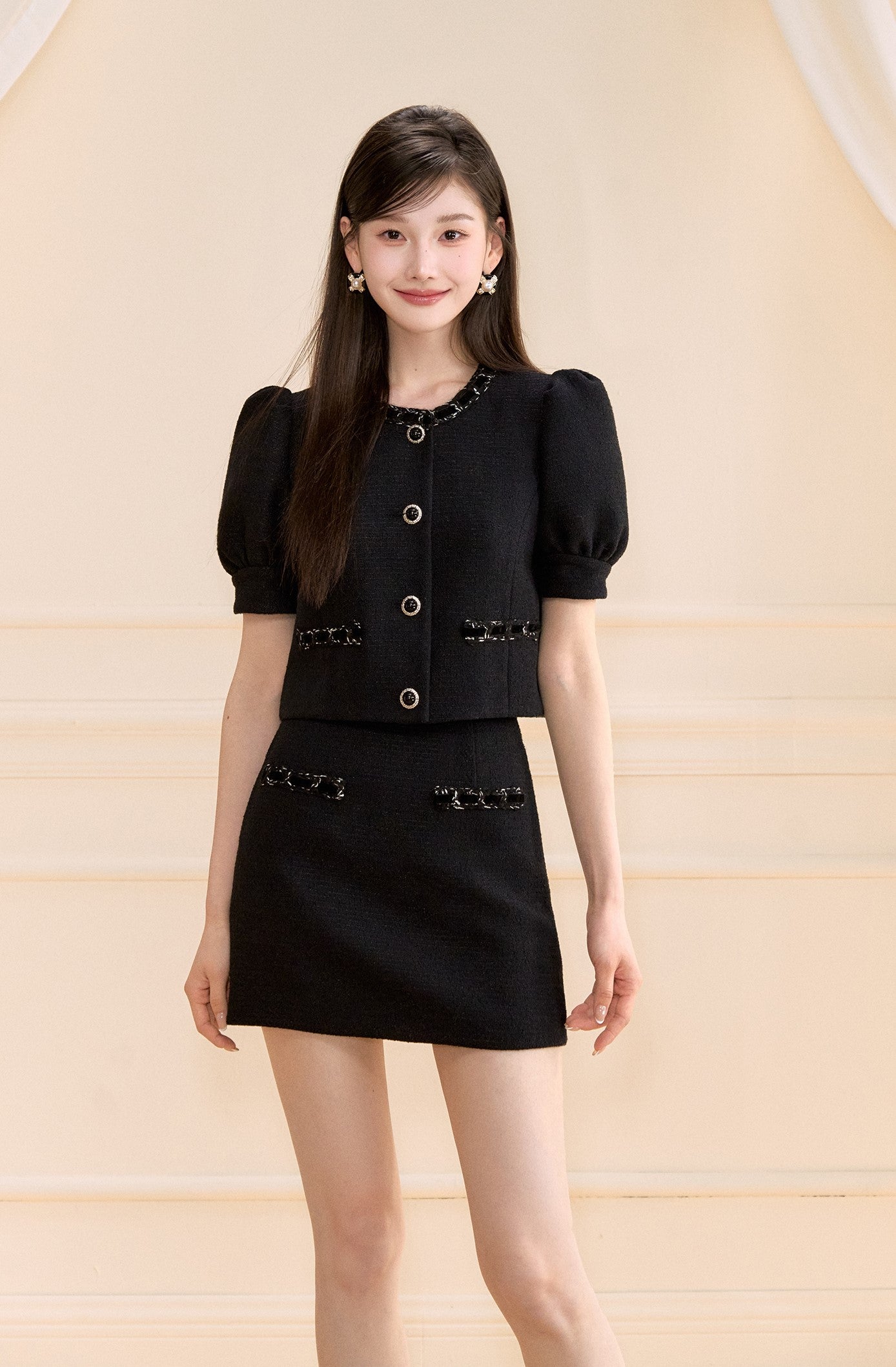 Black Puff Sleeves Short Jacket/Skirt OSH0148