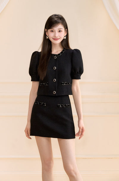 Black Puff Sleeves Short Jacket/Skirt OSH0148