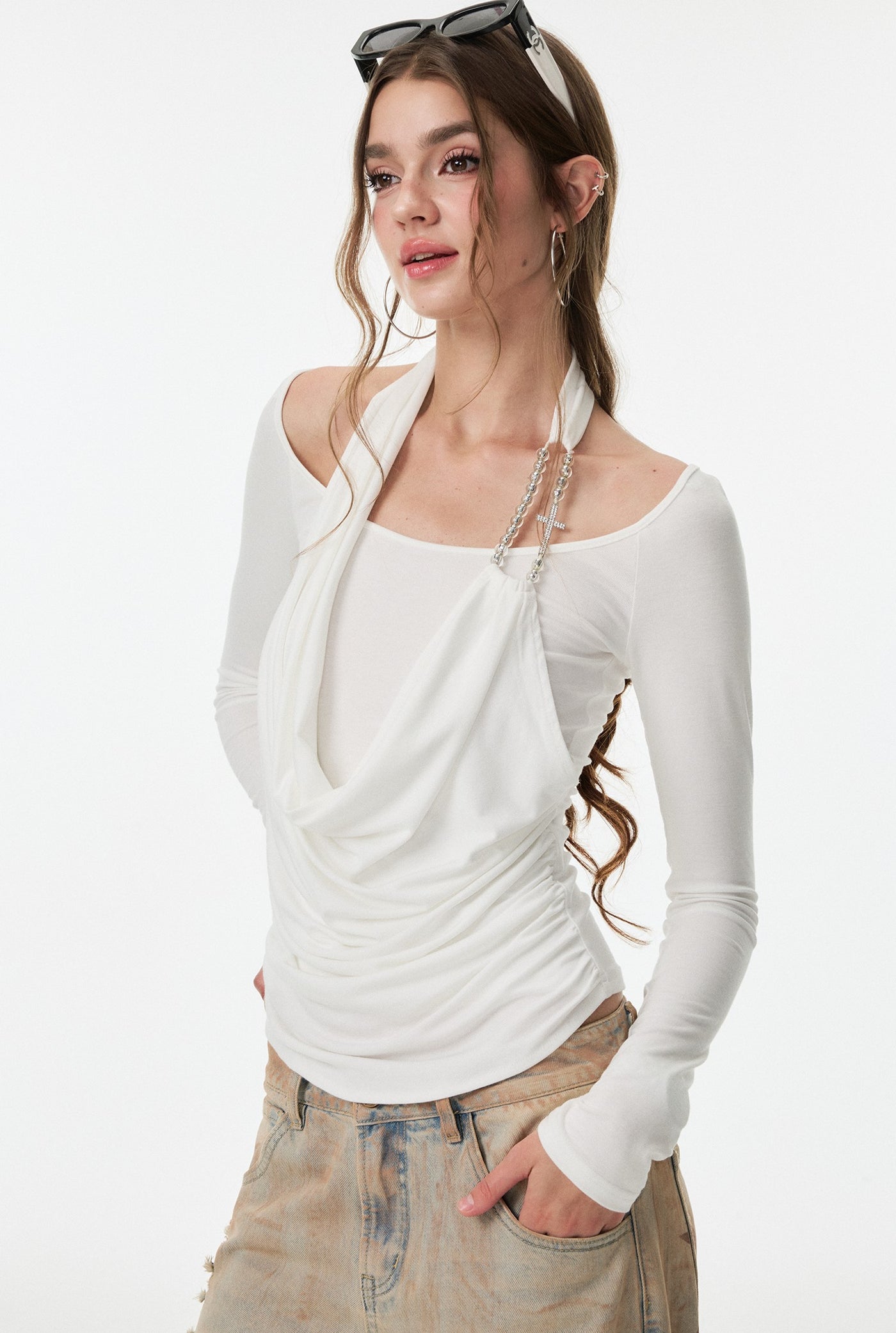 Cross Rhinestone Long Sleeves Top 4MU0157