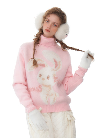 Retro Design High-grade Rabbit Soft Lazy Pink Turtleneck Sweater ZIZ0196