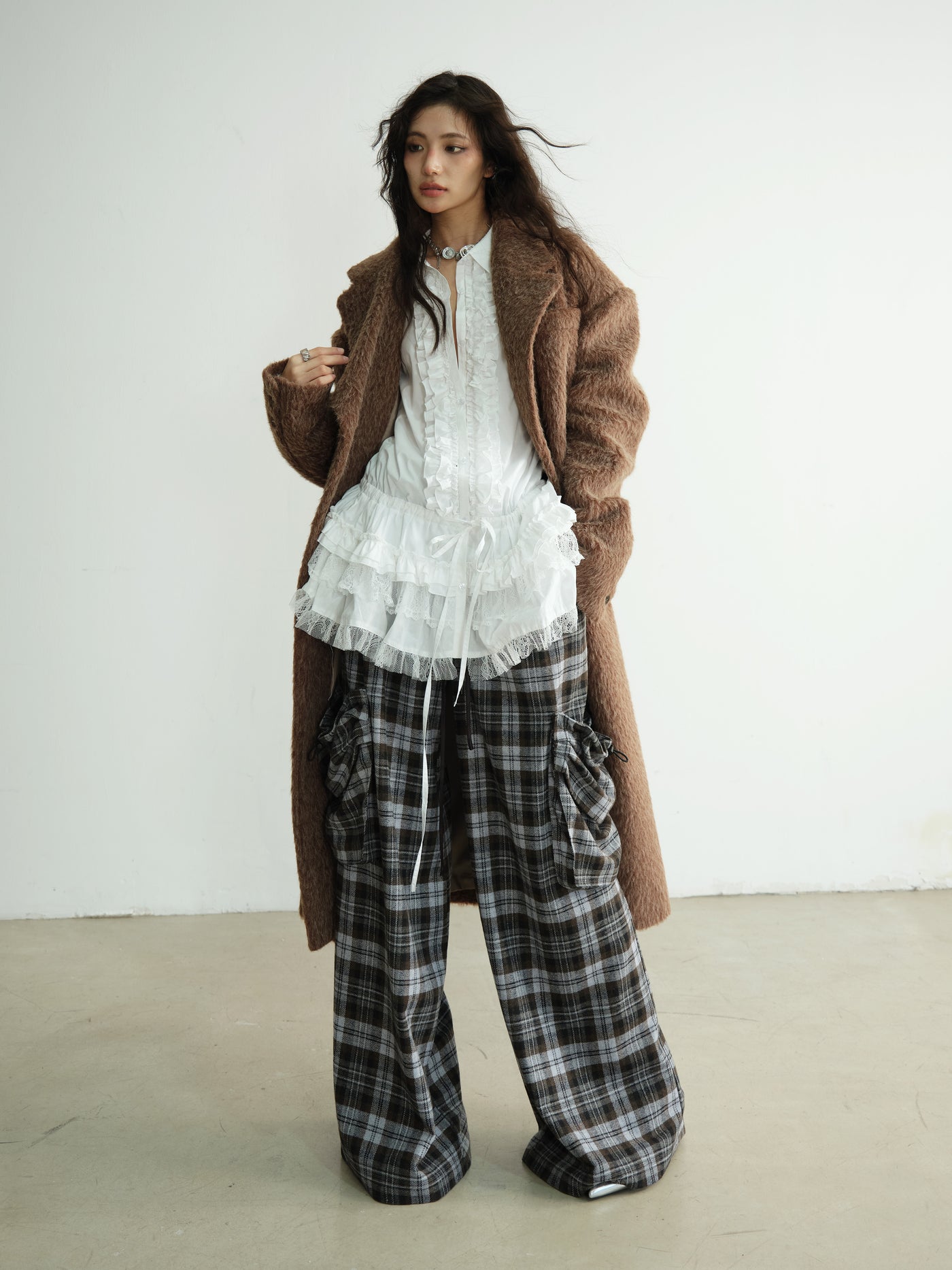 Lazy Relaxed Three-dimensional Large Pocket Plaid Wide-leg Pants JNY0188