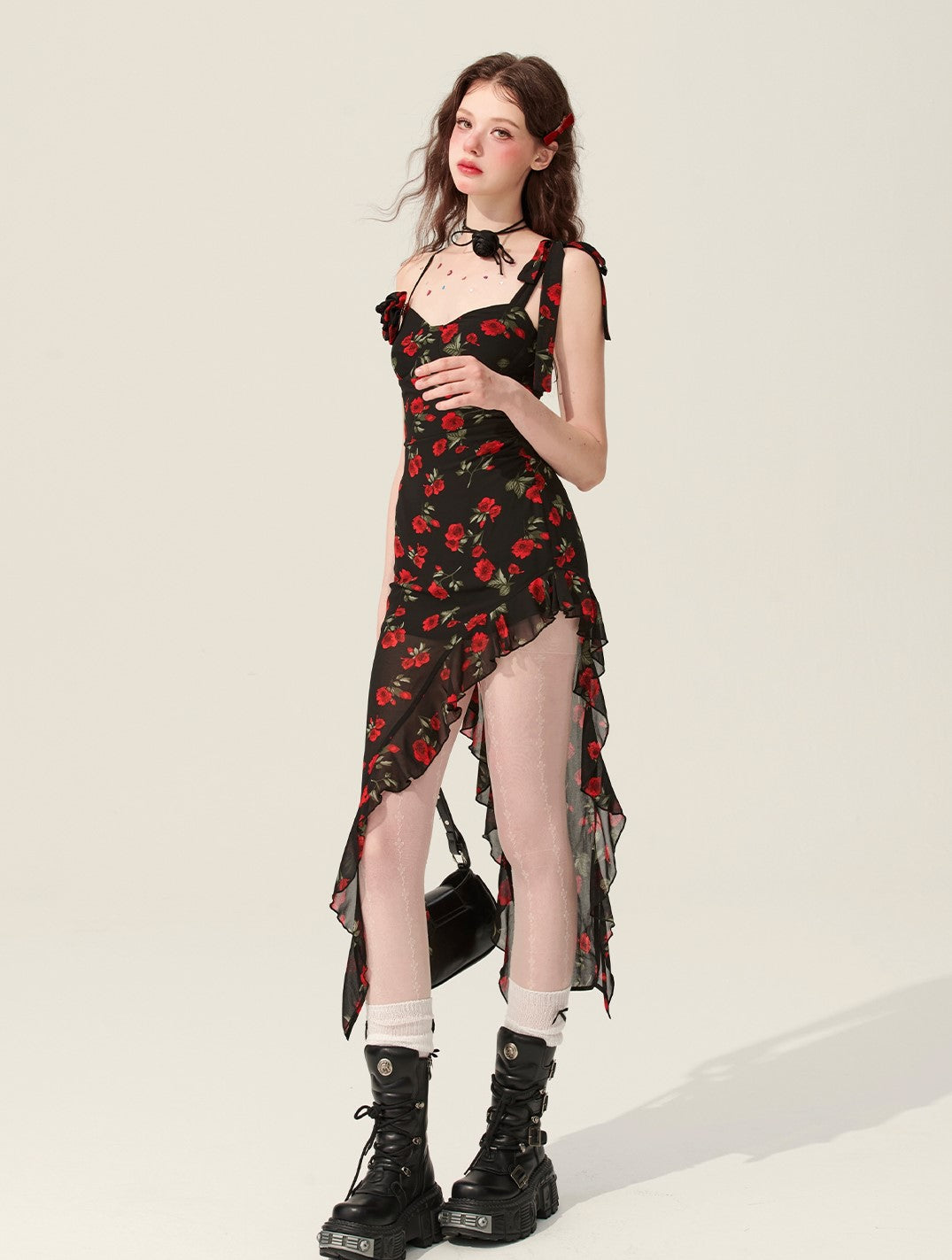 Black Amber Floral Ruffle Irregular Suspender Dress DIA0172