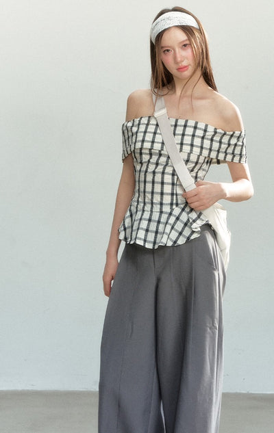 Splicing Plaid Off-shoulder Top SHI0161