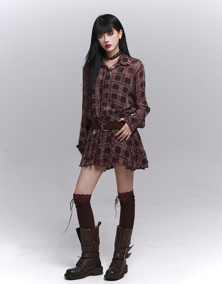 Red Brown Long-Sleeved Plaid Shirt Dress LAD0226