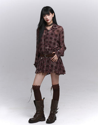 Red Brown Long-Sleeved Plaid Shirt Dress LAD0226