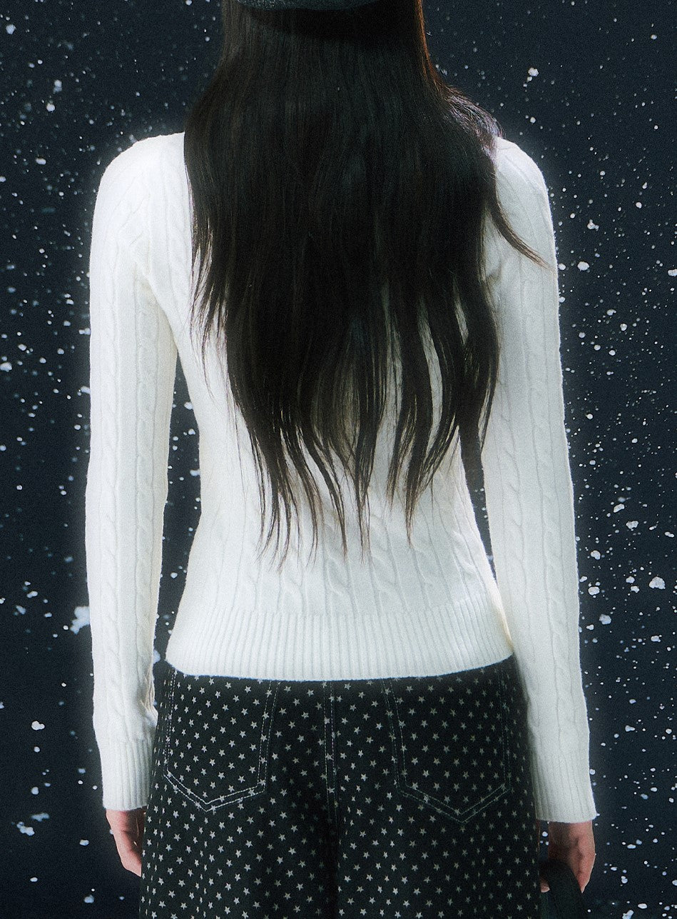 White Half-zip Cable Knit Sweater WEE0109