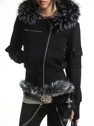 Black Fur-Collar Hooded Sweatshirt Short Jacket UNC0325