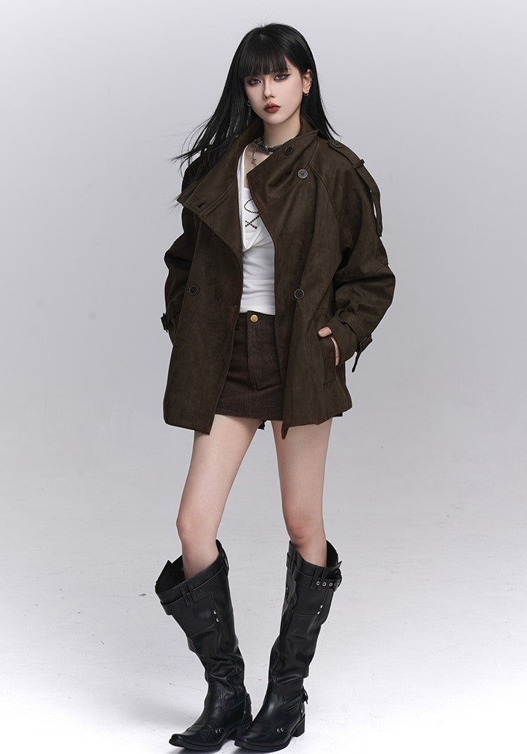 Brown Suede Stand Collar Jacket LAD0247