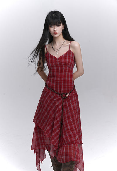 Irregular Hem Plaid Suspender Dress LAD0186