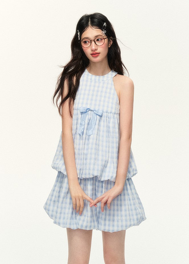 Plaid Pleated Blue Sleeveless Dress NTO0095