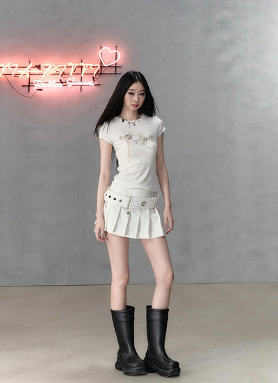 All-match Slim Casual Pleated Short Skirt/Belt VIA0130