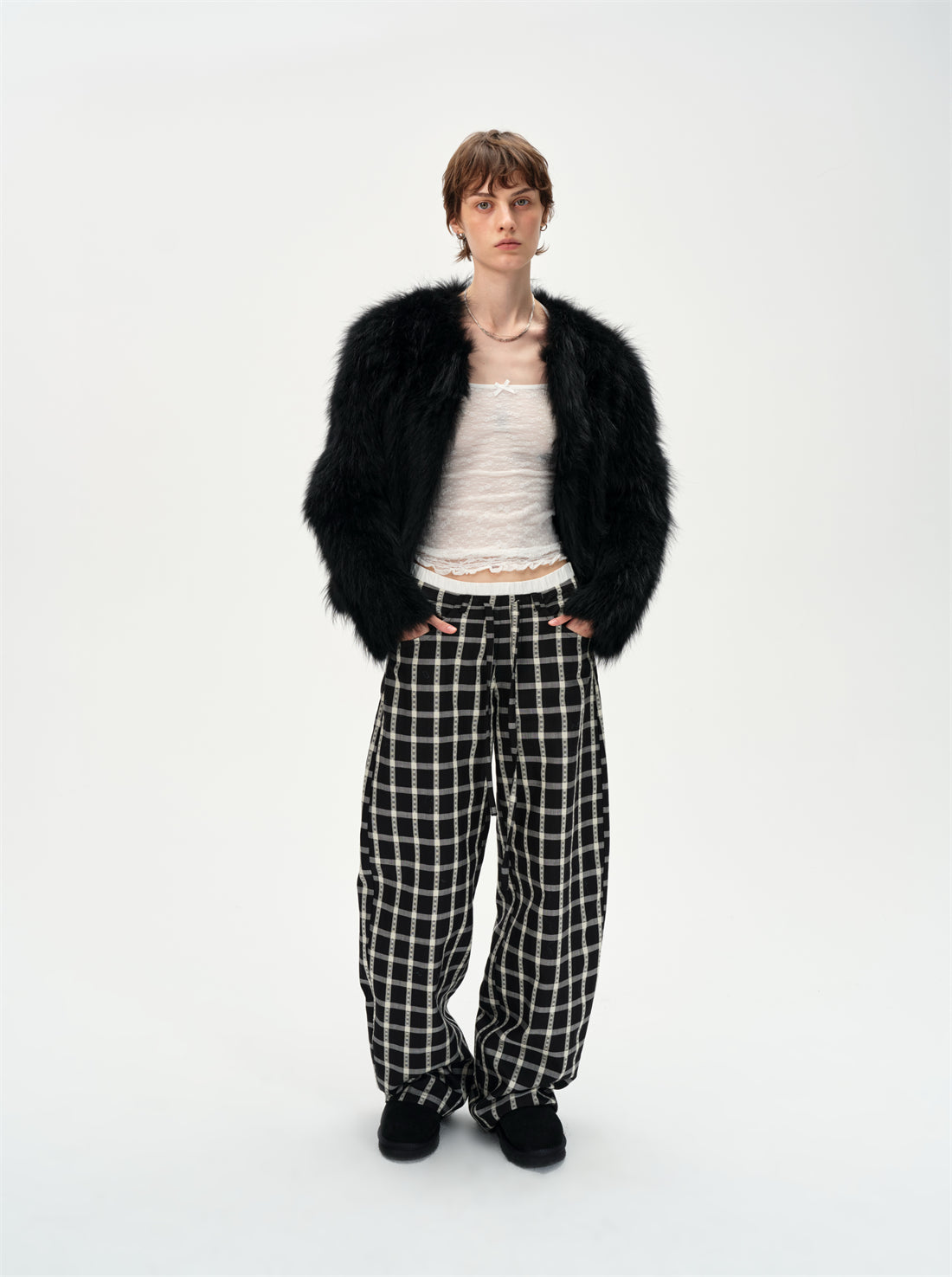 Check Drawstring Curved Casual Pants CUR0262