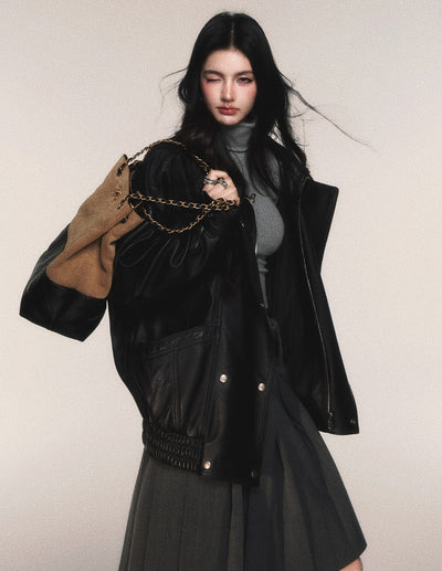 Black Lapel Leather Jacket LUL0212