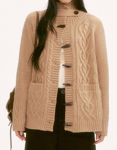 Retro Collar Horn Button Cable Knit Cardigan WEE0136