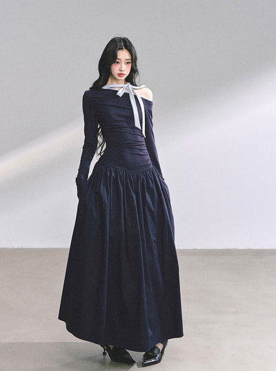 Off-shoulder Waist Slim Bow Dress DIA0574